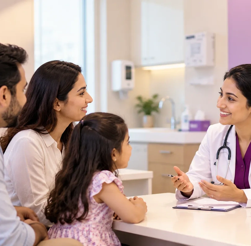 A doctor welcoming a family